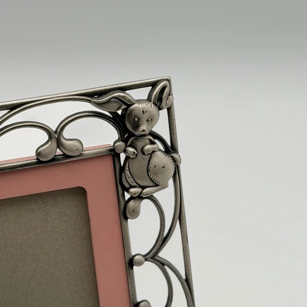Vintage Pewter Animal Filigree Baby Picture Frame Silver Pink Bear Bunny Lamb